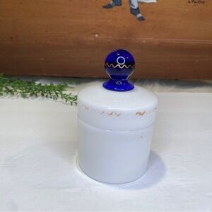 White Milk Glass Lidded Jar With Cobalt Blue Knob Top Hand Painted Gold Waves